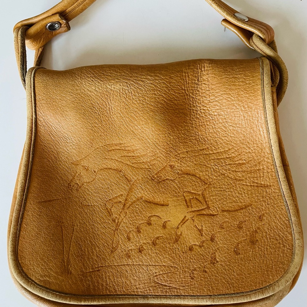 Vintage Tan Leather Shoulder Bag With Horse Motif